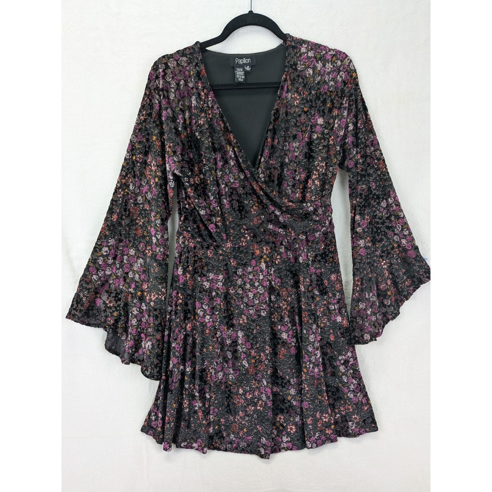 Papillon Velvet Burnout Bell Sleeve Mini Dress M Whimsigoth Fairy 90s Grunge 70s